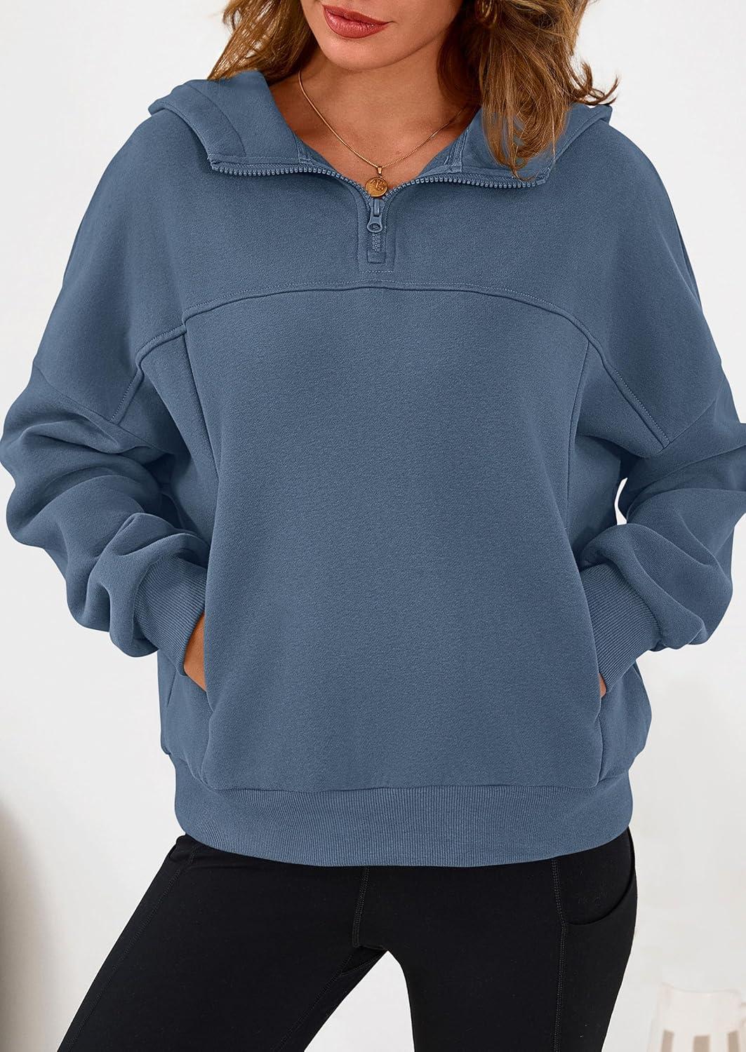 imagePRETTYGARDEN Womens Hoodies Cropped Fleece Sweatshirts 2025 Fall Fashion Quarter Zip Pullover Long Sleeve Tops Winter ClothesGrey Blue