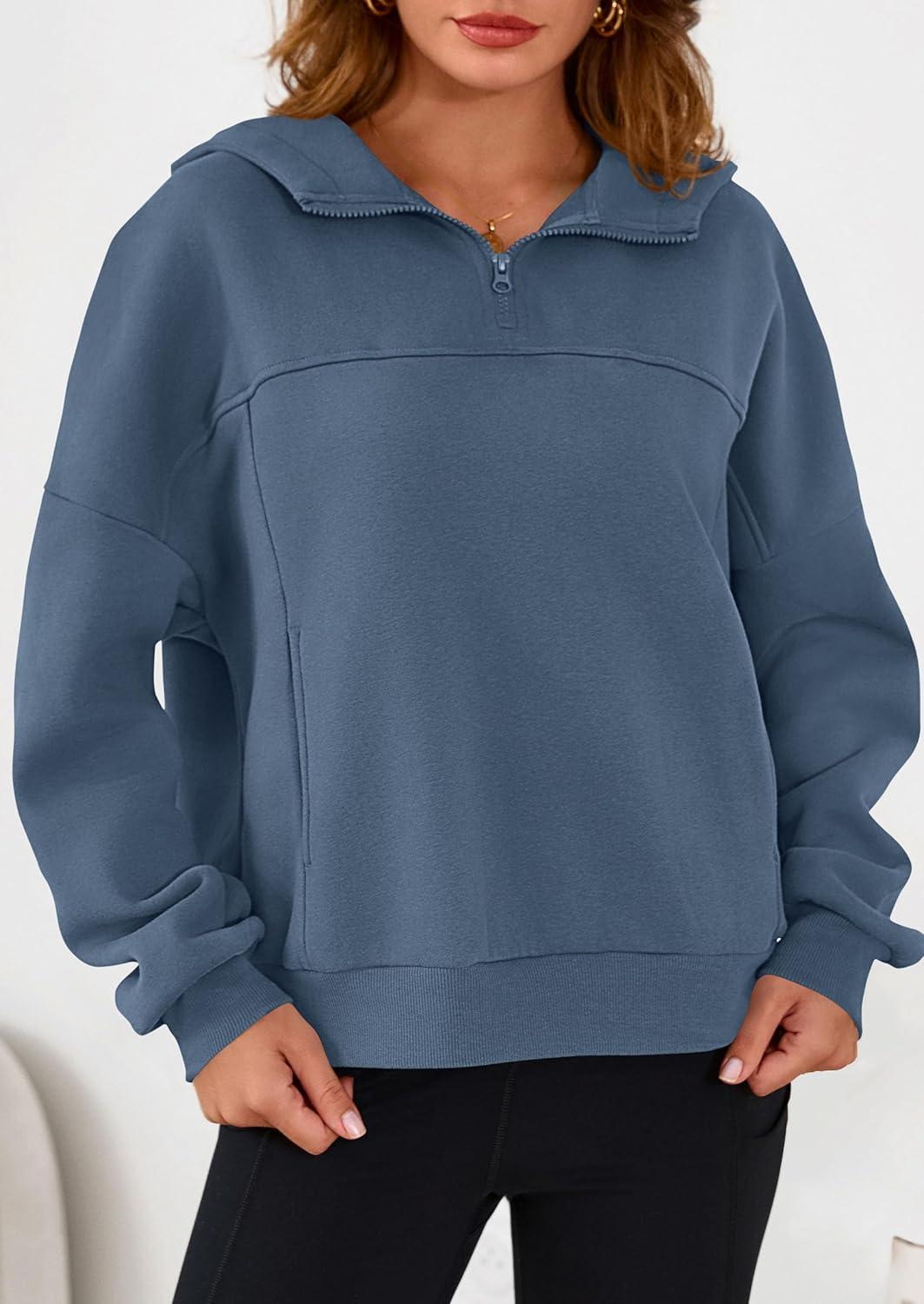 imagePRETTYGARDEN Womens Hoodies Cropped Fleece Sweatshirts 2025 Fall Fashion Quarter Zip Pullover Long Sleeve Tops Winter ClothesGrey Blue
