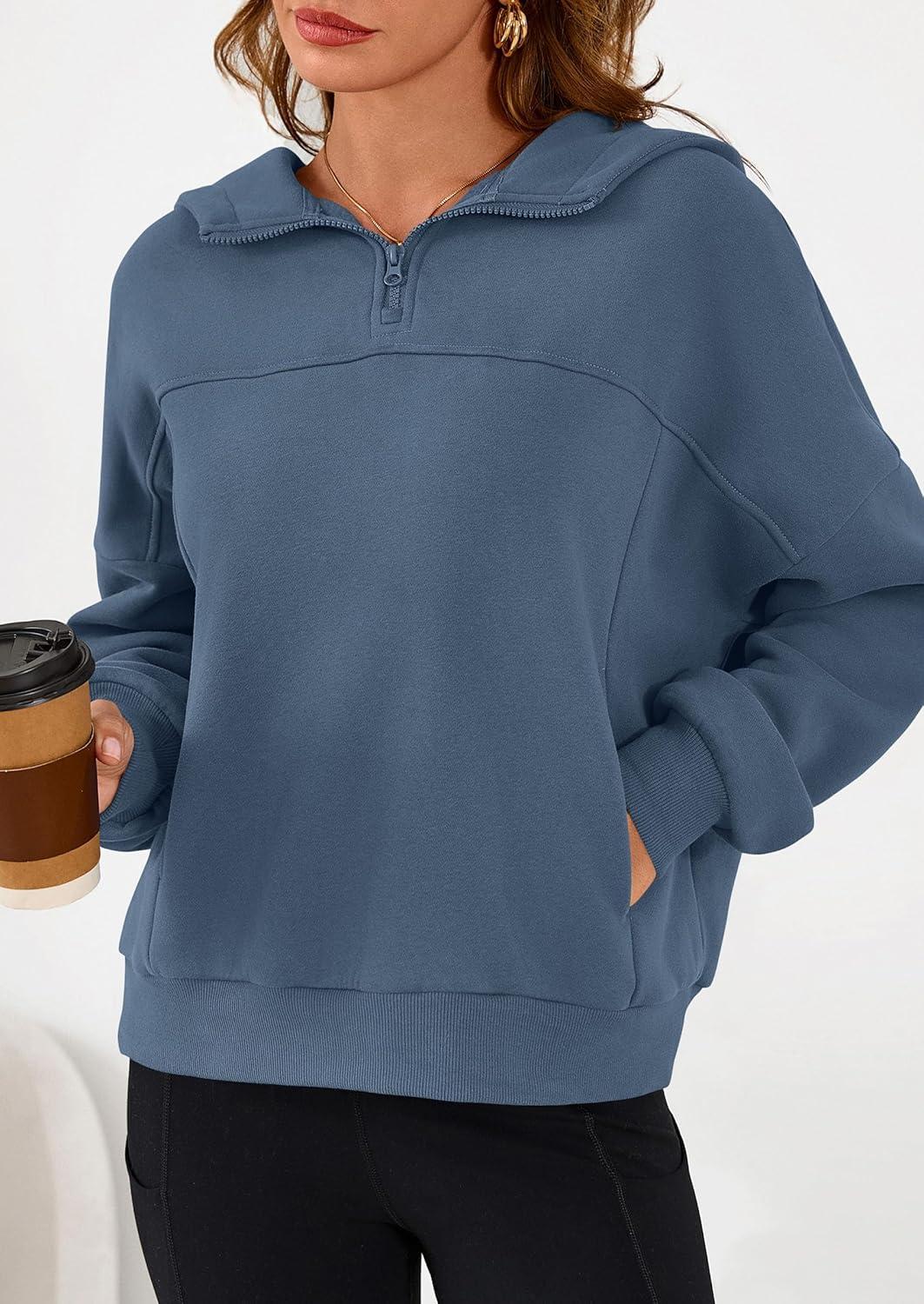 imagePRETTYGARDEN Womens Hoodies Cropped Fleece Sweatshirts 2025 Fall Fashion Quarter Zip Pullover Long Sleeve Tops Winter ClothesGrey Blue