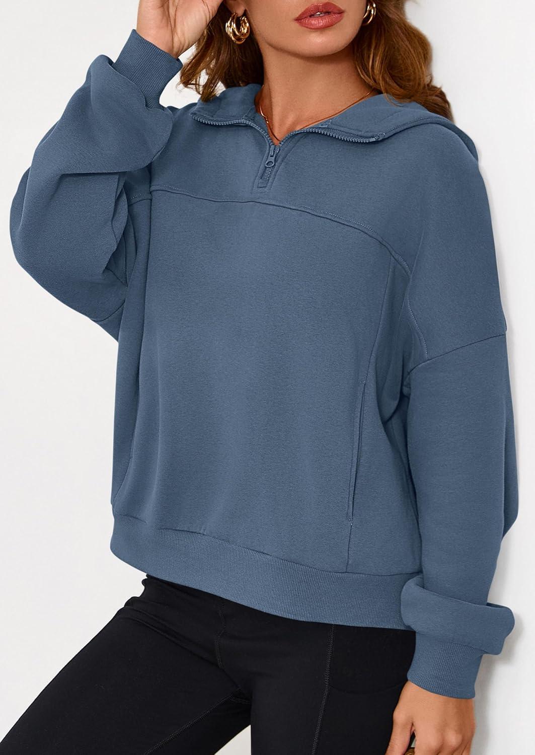 imagePRETTYGARDEN Womens Hoodies Cropped Fleece Sweatshirts 2025 Fall Fashion Quarter Zip Pullover Long Sleeve Tops Winter ClothesGrey Blue