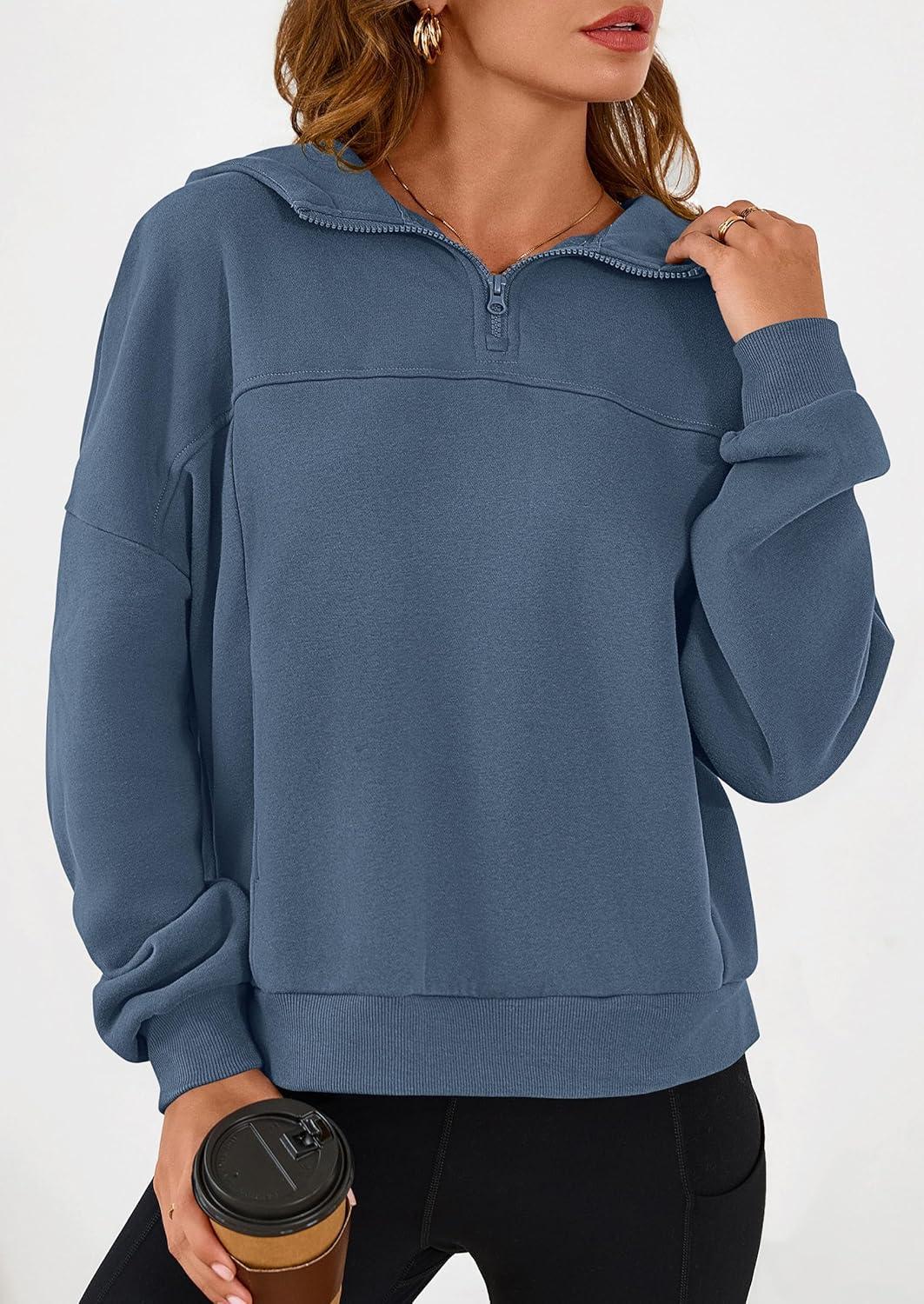 imagePRETTYGARDEN Womens Hoodies Cropped Fleece Sweatshirts 2025 Fall Fashion Quarter Zip Pullover Long Sleeve Tops Winter ClothesGrey Blue