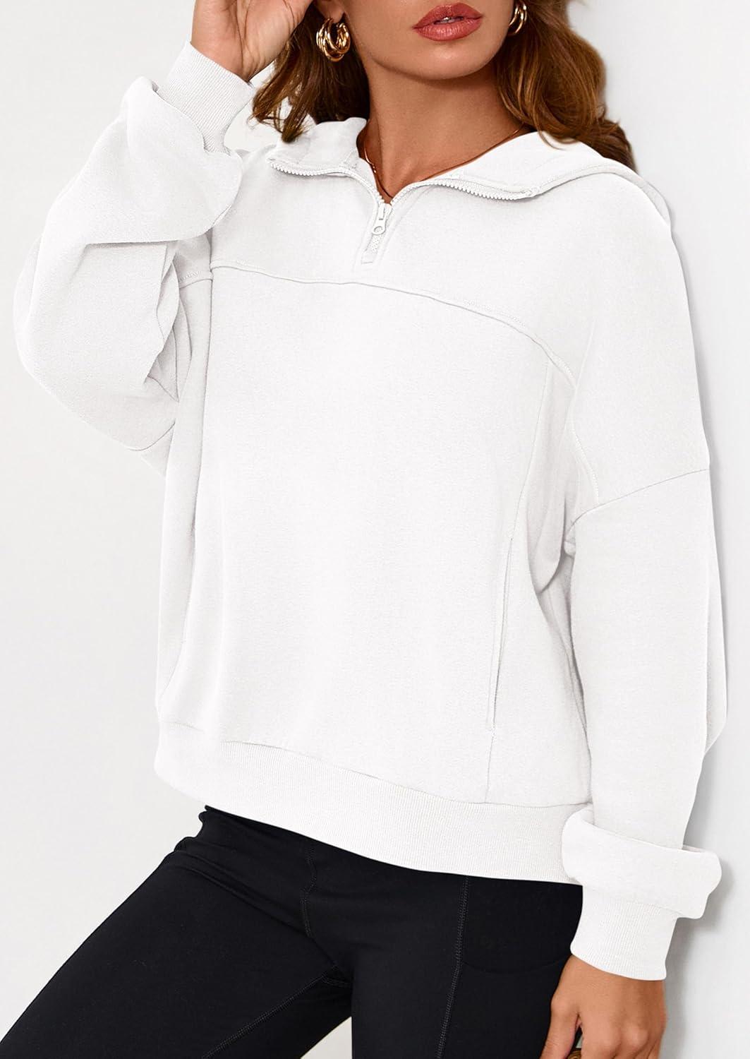 imagePRETTYGARDEN Womens Hoodies Cropped Fleece Sweatshirts 2025 Fall Fashion Quarter Zip Pullover Long Sleeve Tops Winter ClothesWhite