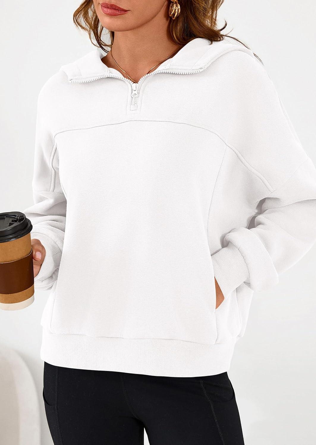 imagePRETTYGARDEN Womens Hoodies Cropped Fleece Sweatshirts 2025 Fall Fashion Quarter Zip Pullover Long Sleeve Tops Winter ClothesWhite