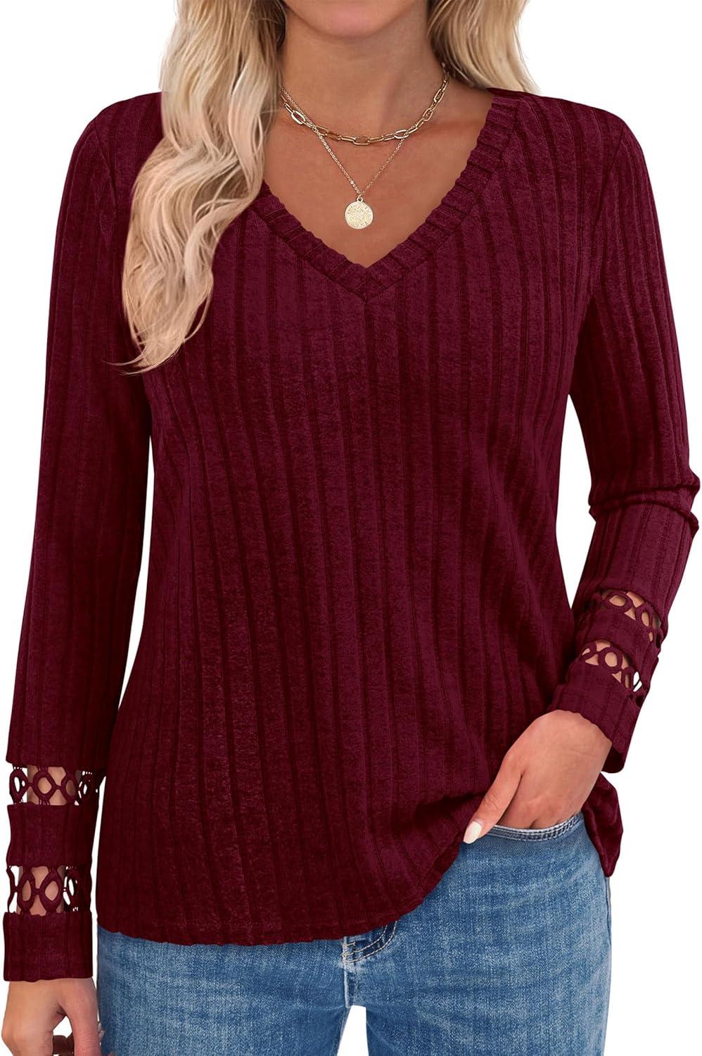 imagePRETTYGARDEN Womens Long Sleeve Shirts Ribbed Knit V Neck Tee Dressy Casual Blouses Going Out Tunic Tops 2025 Fall OutfitsBurgundy