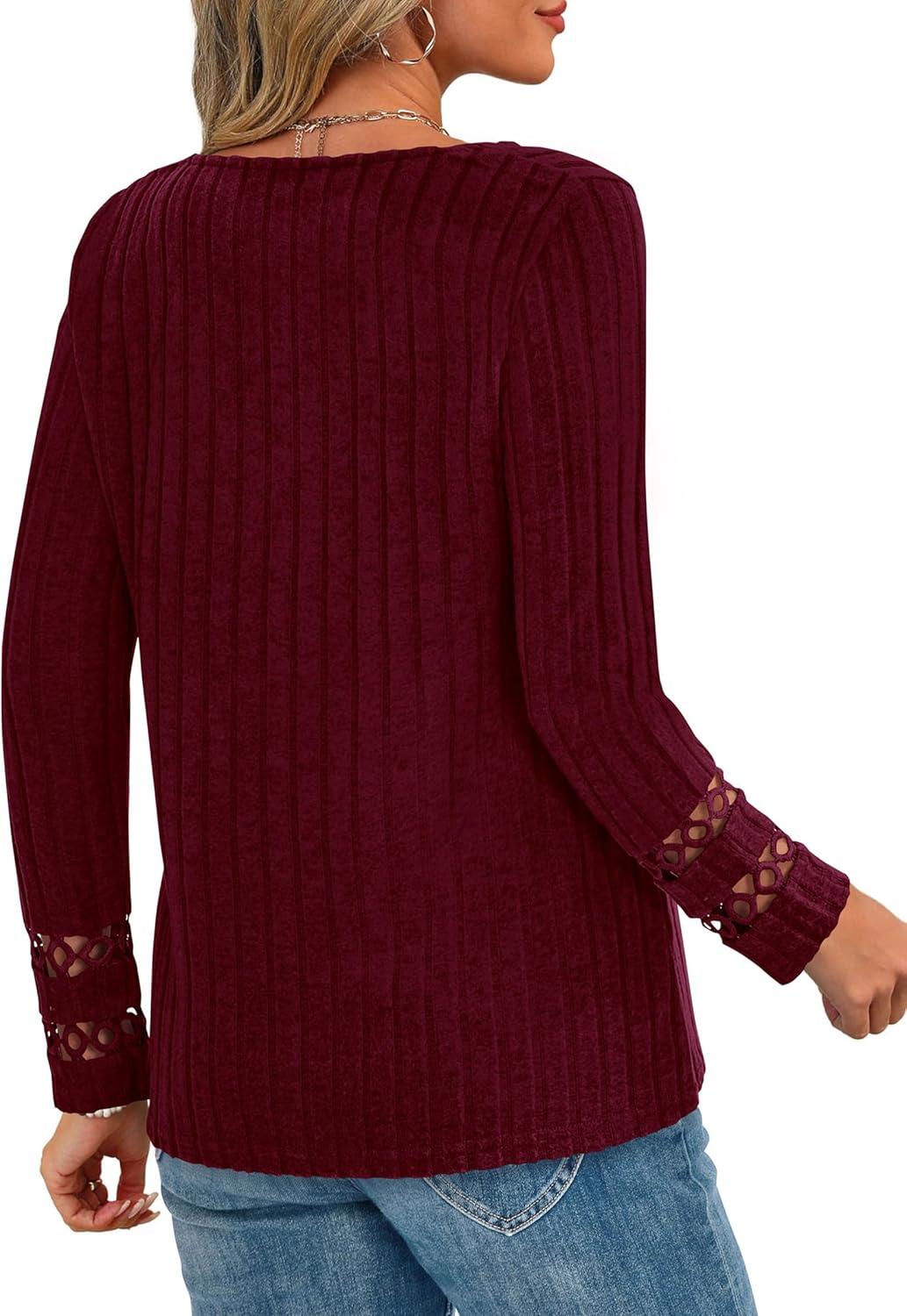 imagePRETTYGARDEN Womens Long Sleeve Shirts Ribbed Knit V Neck Tee Dressy Casual Blouses Going Out Tunic Tops 2025 Fall OutfitsBurgundy