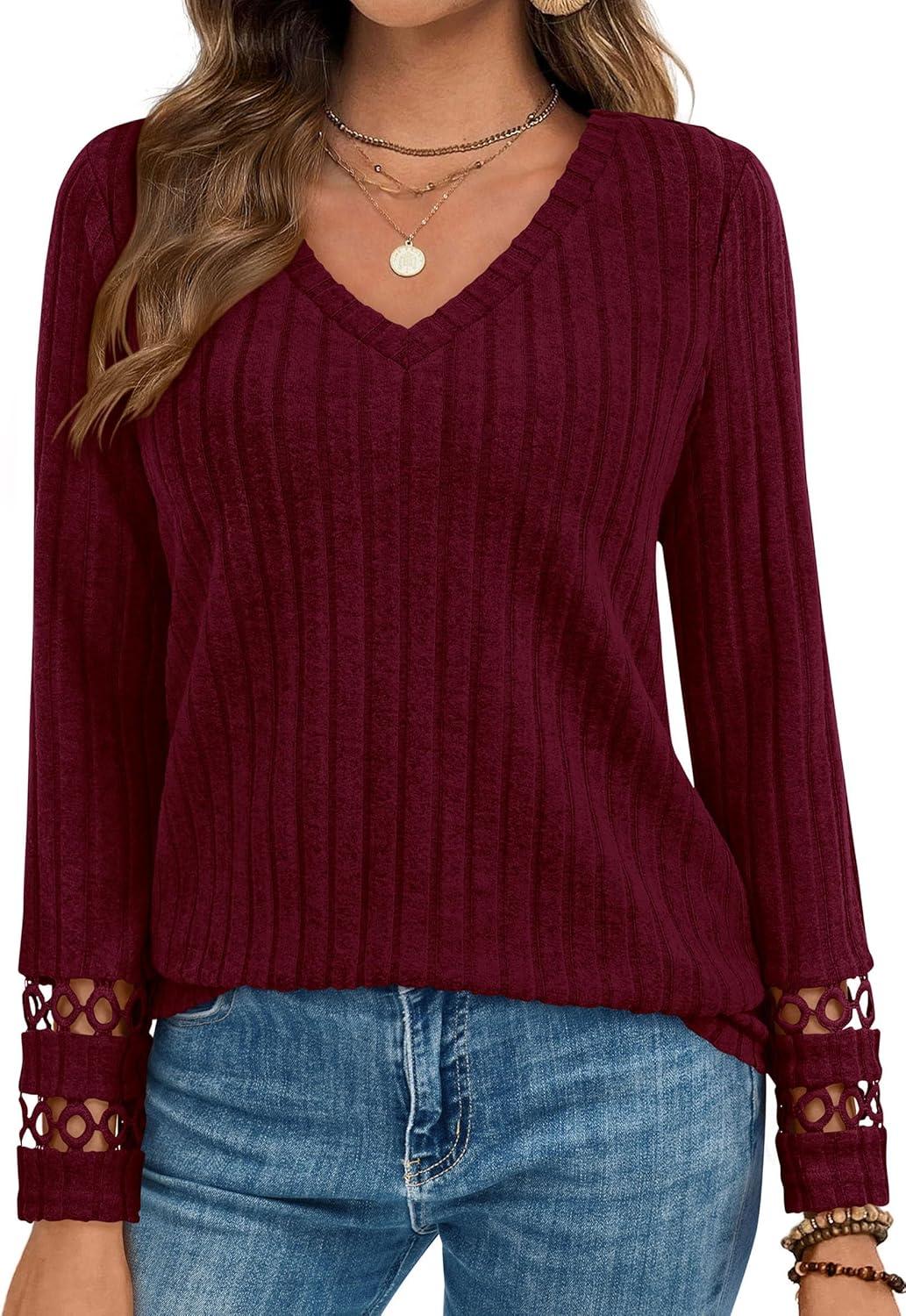 imagePRETTYGARDEN Womens Long Sleeve Shirts Ribbed Knit V Neck Tee Dressy Casual Blouses Going Out Tunic Tops 2025 Fall OutfitsBurgundy