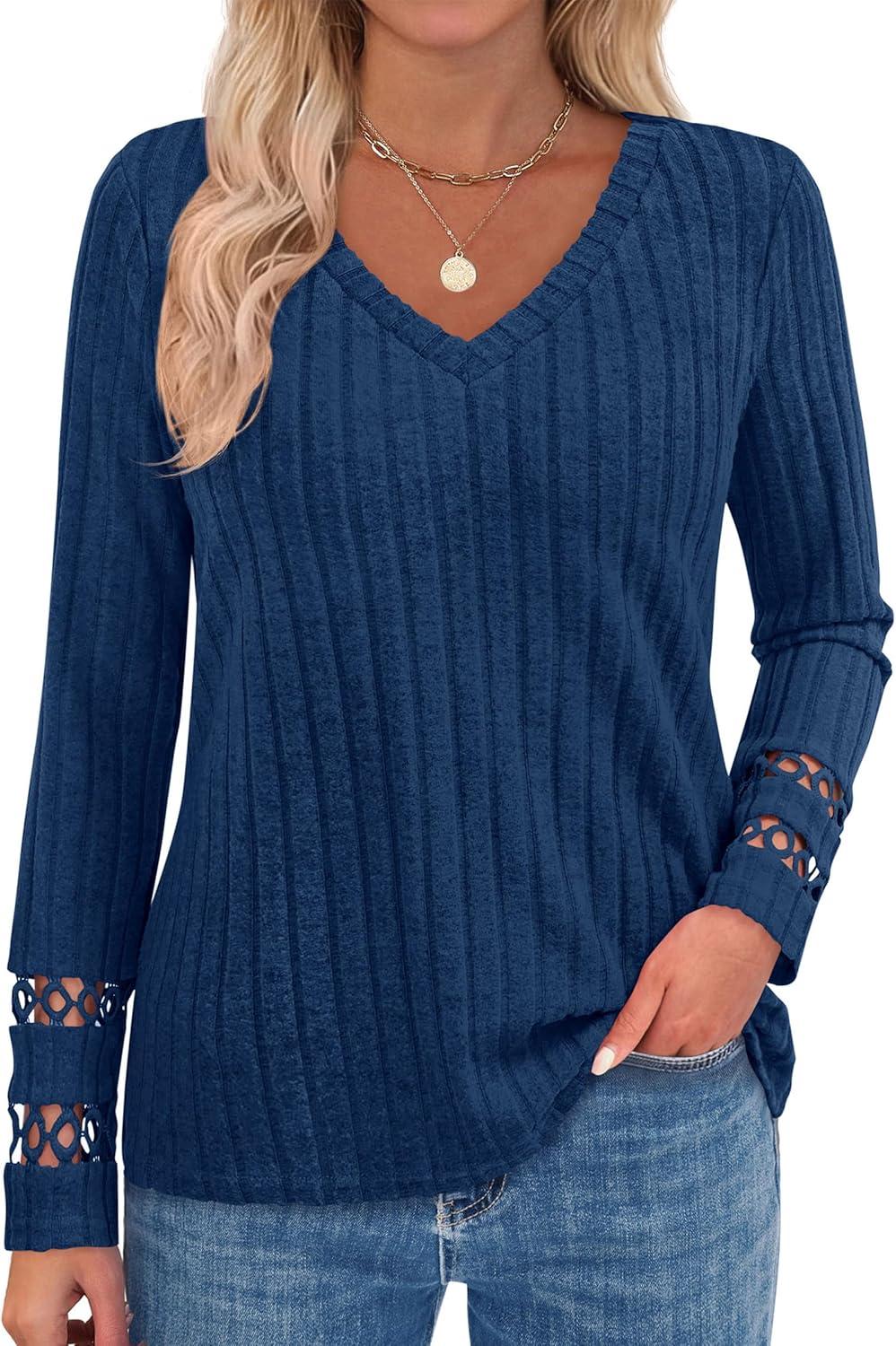 imagePRETTYGARDEN Womens Long Sleeve Shirts Ribbed Knit V Neck Tee Dressy Casual Blouses Going Out Tunic Tops 2025 Fall OutfitsDark Blue