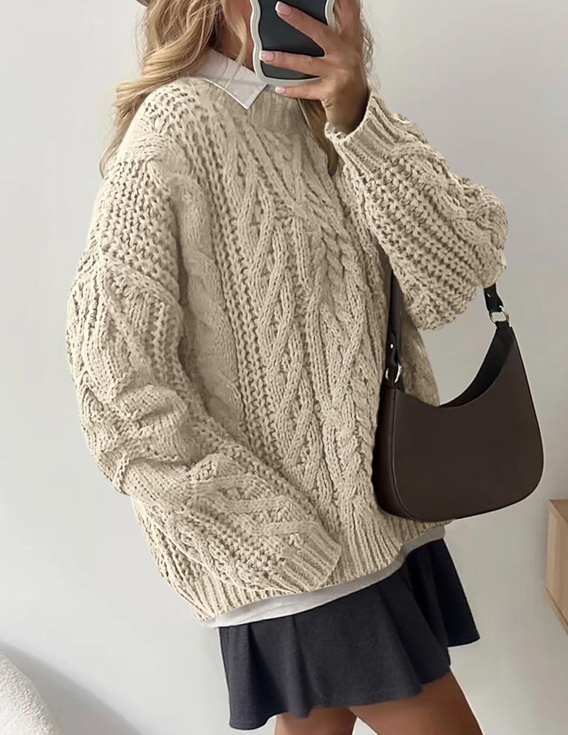 imagePRETTYGARDEN Womens Oversized Fall Sweaters 2025 Casual Long Sleeve Crewneck Chunky Cable Knit Pullover Tops Winter ClothesApricot