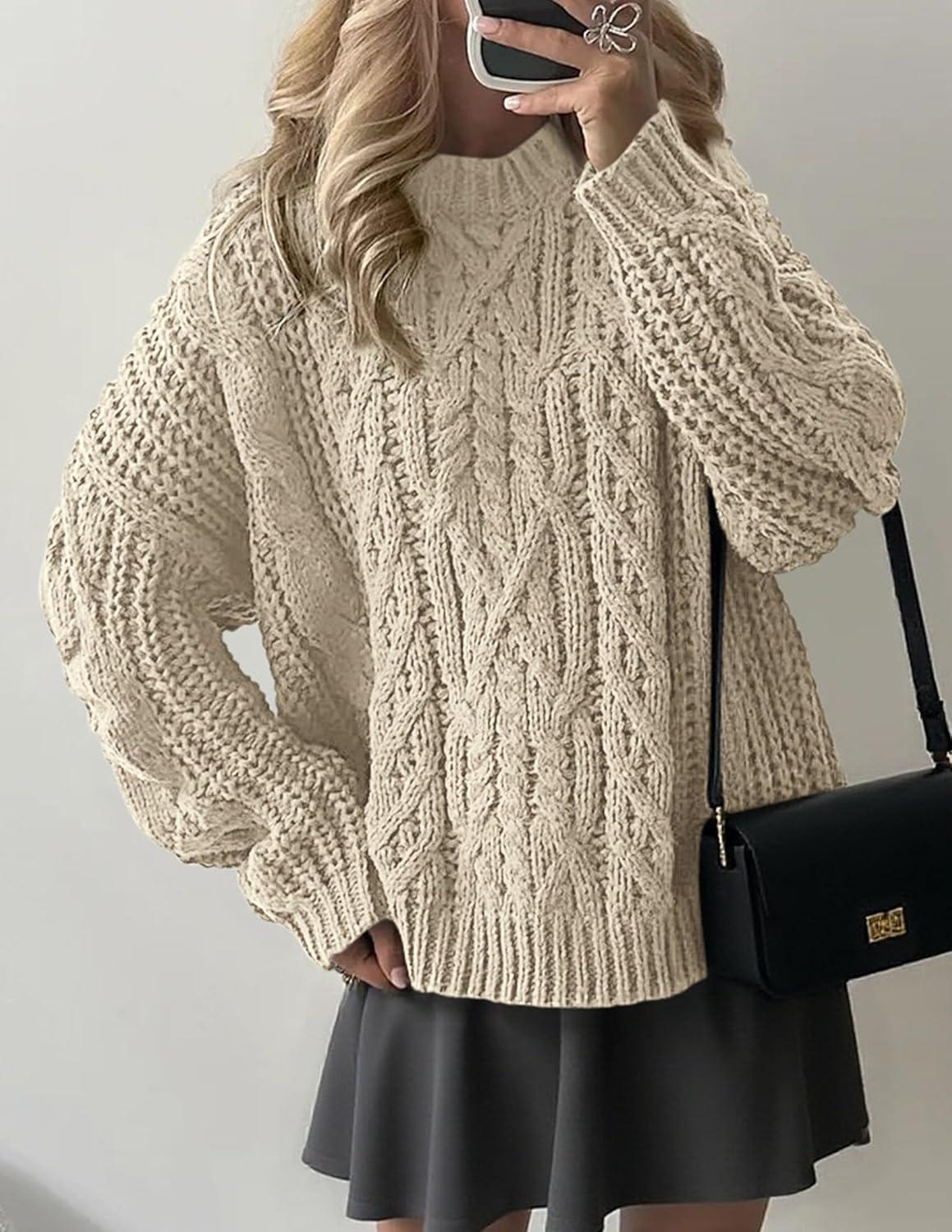 imagePRETTYGARDEN Womens Oversized Fall Sweaters 2025 Casual Long Sleeve Crewneck Chunky Cable Knit Pullover Tops Winter ClothesApricot
