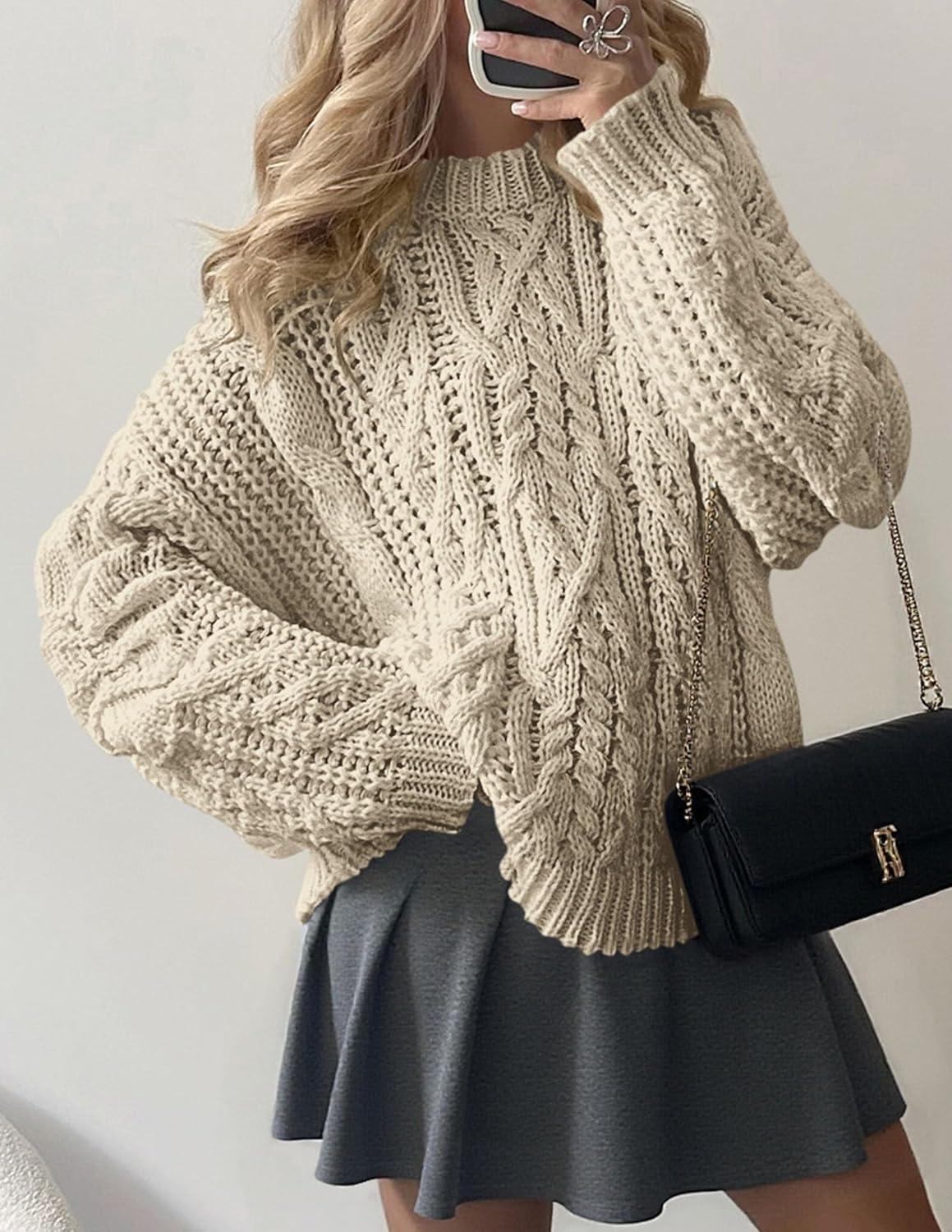 imagePRETTYGARDEN Womens Oversized Fall Sweaters 2025 Casual Long Sleeve Crewneck Chunky Cable Knit Pullover Tops Winter ClothesApricot
