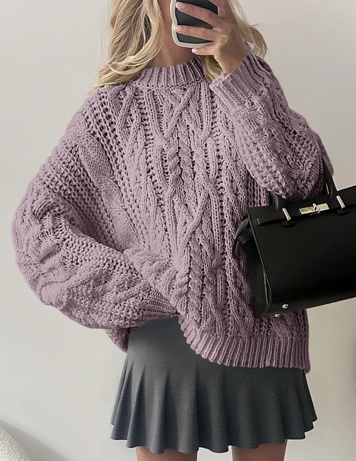imagePRETTYGARDEN Womens Oversized Fall Sweaters 2025 Casual Long Sleeve Crewneck Chunky Cable Knit Pullover Tops Winter ClothesLight Purple