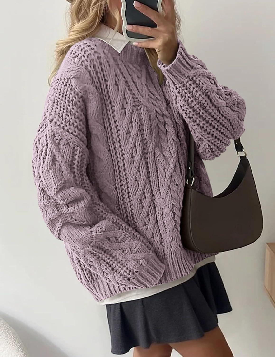 imagePRETTYGARDEN Womens Oversized Fall Sweaters 2025 Casual Long Sleeve Crewneck Chunky Cable Knit Pullover Tops Winter ClothesLight Purple