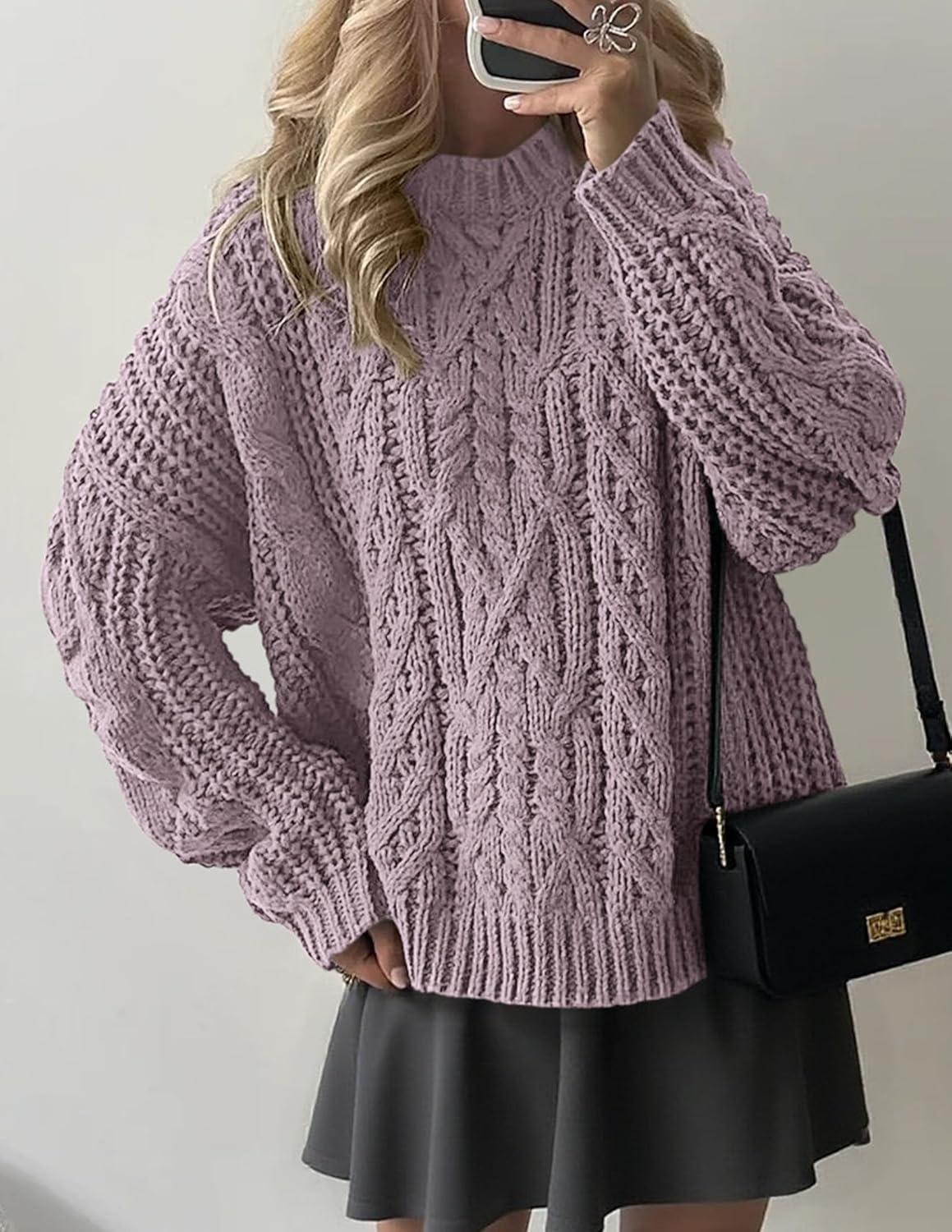 imagePRETTYGARDEN Womens Oversized Fall Sweaters 2025 Casual Long Sleeve Crewneck Chunky Cable Knit Pullover Tops Winter ClothesLight Purple