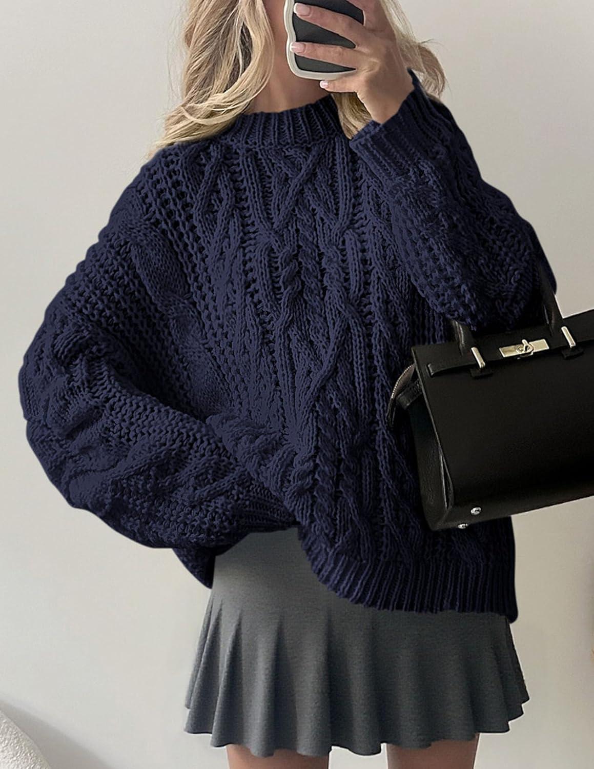 imagePRETTYGARDEN Womens Oversized Fall Sweaters 2025 Casual Long Sleeve Crewneck Chunky Cable Knit Pullover Tops Winter ClothesNavy Blue