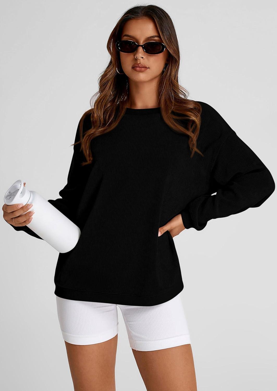 imagePRETTYGARDEN Womens Oversized Sweatshirt 2025 Fall Fashion Clothes Ribbed Corduroy Long Sleeve Going Out Pullover TopsBlack