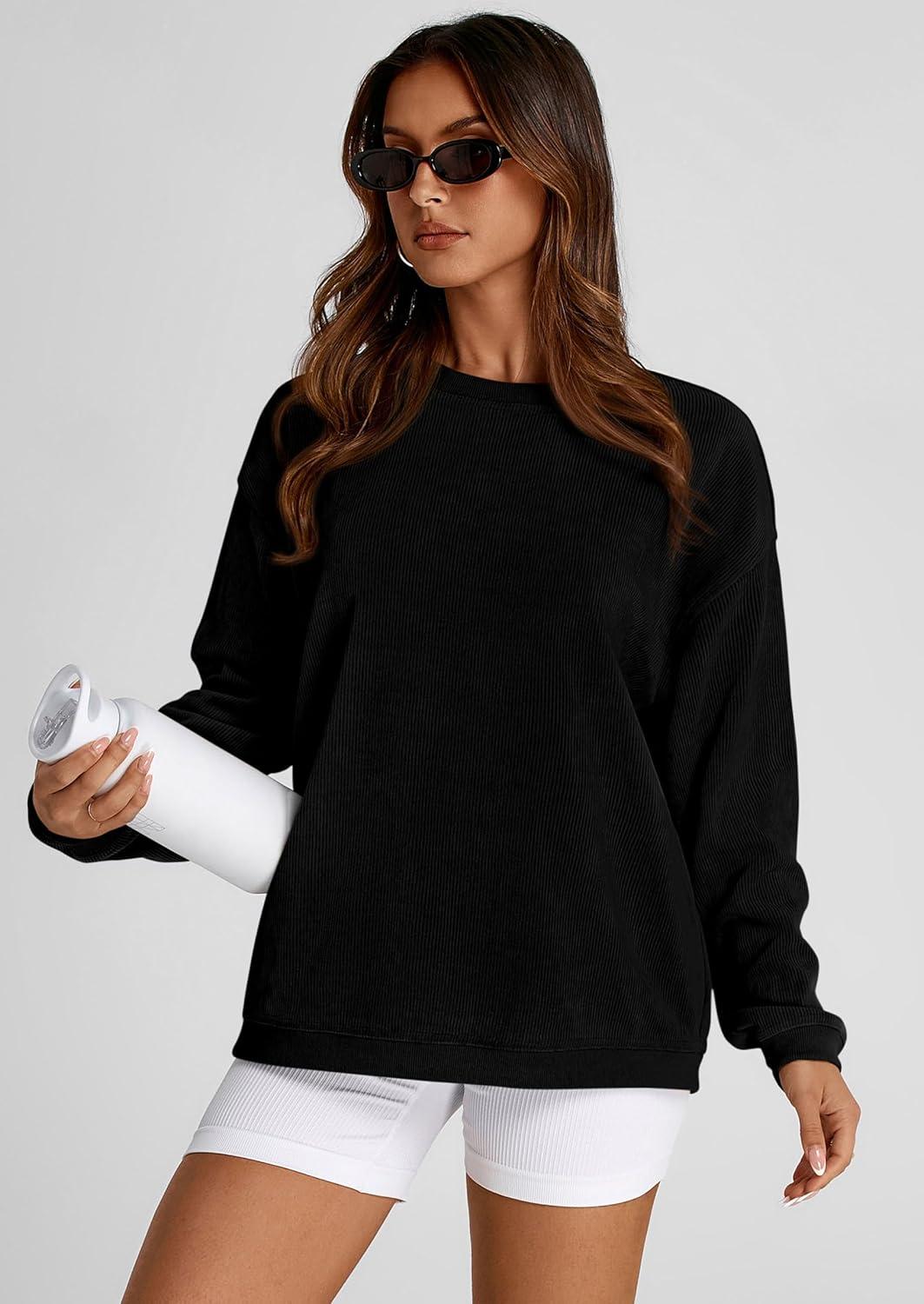 imagePRETTYGARDEN Womens Oversized Sweatshirt 2025 Fall Fashion Clothes Ribbed Corduroy Long Sleeve Going Out Pullover TopsBlack