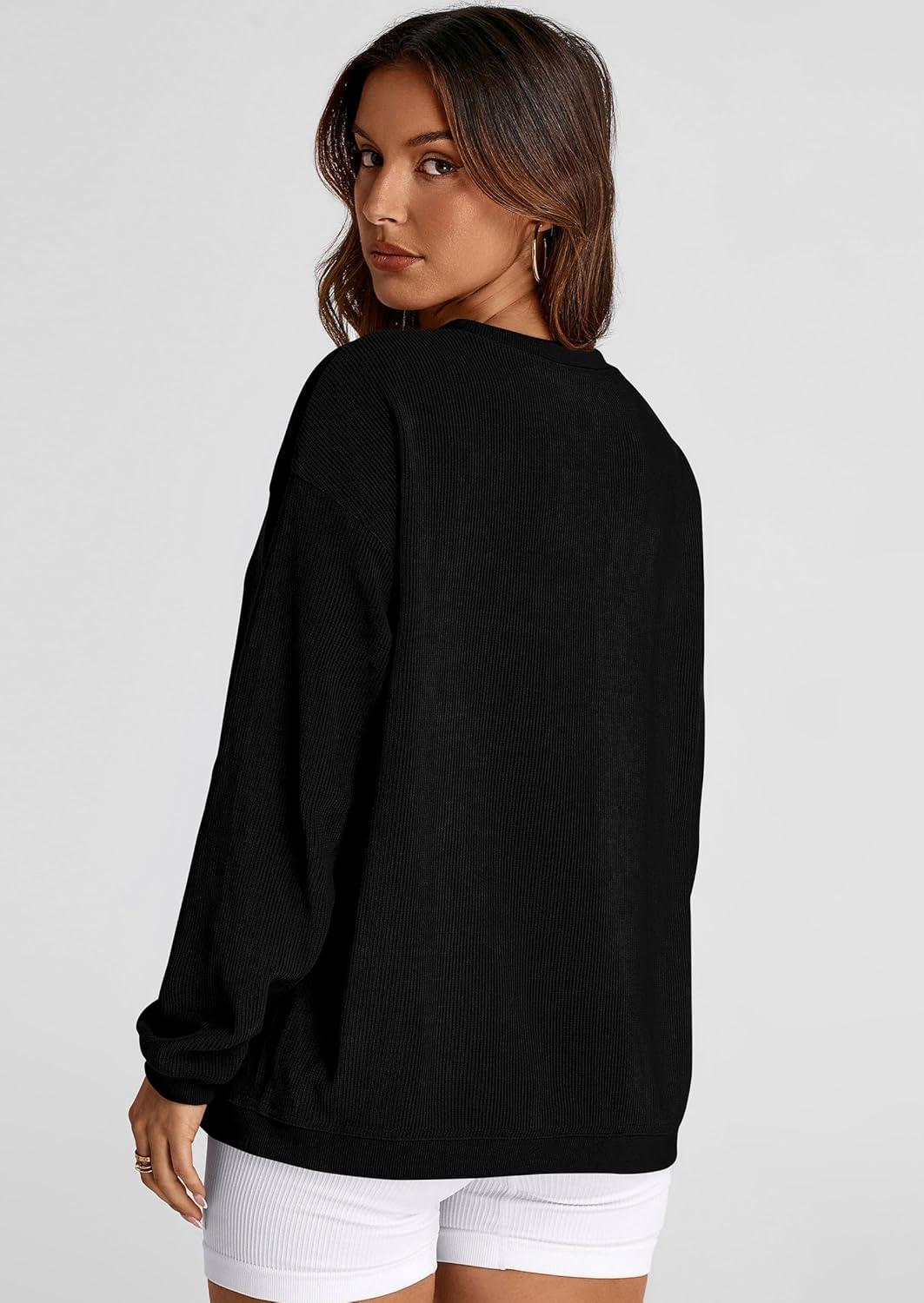 imagePRETTYGARDEN Womens Oversized Sweatshirt 2025 Fall Fashion Clothes Ribbed Corduroy Long Sleeve Going Out Pullover TopsBlack
