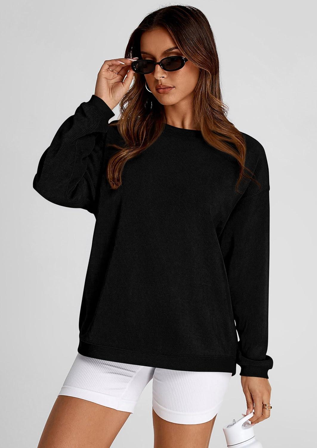 imagePRETTYGARDEN Womens Oversized Sweatshirt 2025 Fall Fashion Clothes Ribbed Corduroy Long Sleeve Going Out Pullover TopsBlack