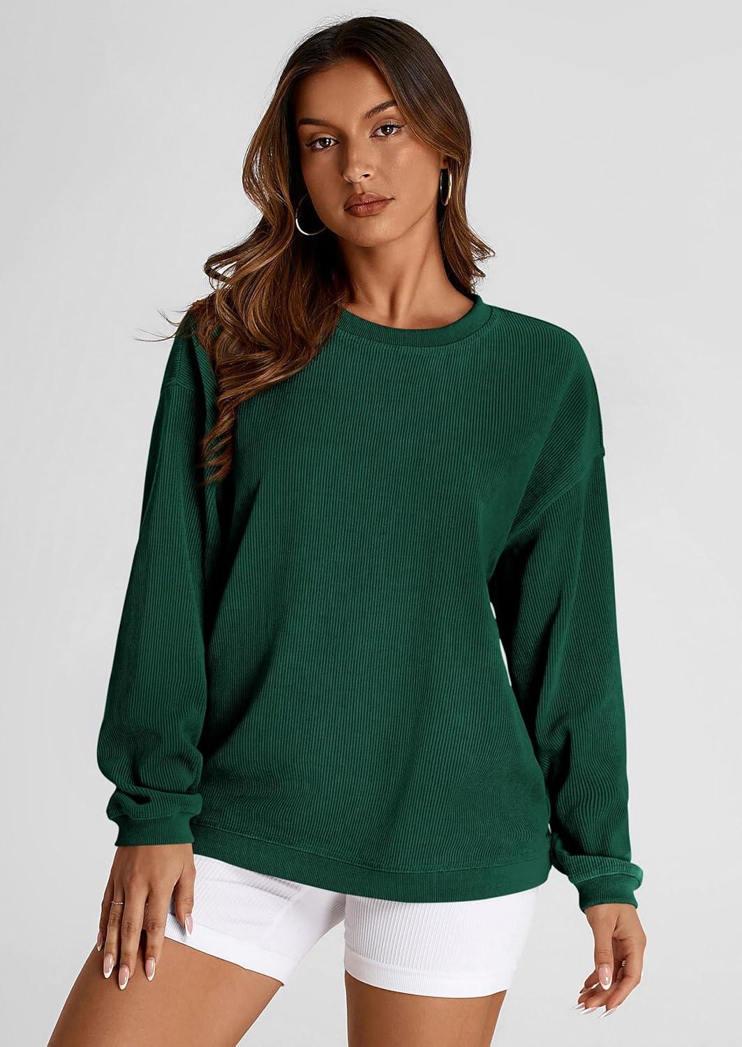 imagePRETTYGARDEN Womens Oversized Sweatshirt 2025 Fall Fashion Clothes Ribbed Corduroy Long Sleeve Going Out Pullover TopsDark Green