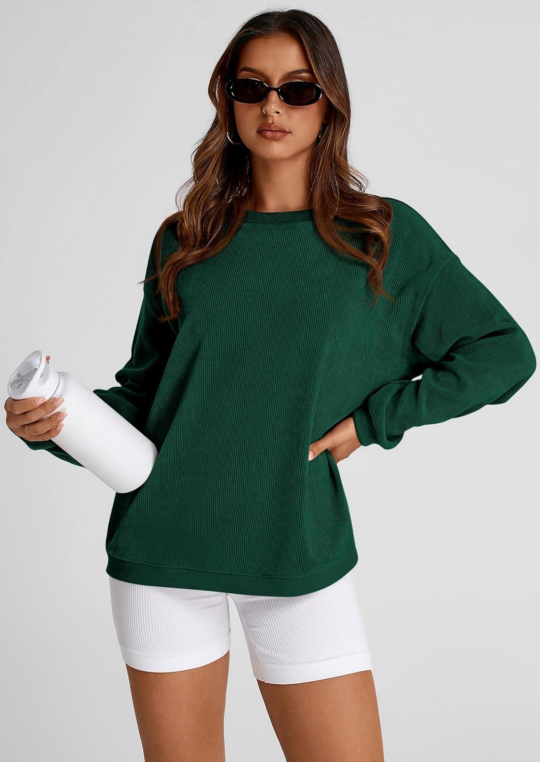 imagePRETTYGARDEN Womens Oversized Sweatshirt 2025 Fall Fashion Clothes Ribbed Corduroy Long Sleeve Going Out Pullover TopsDark Green