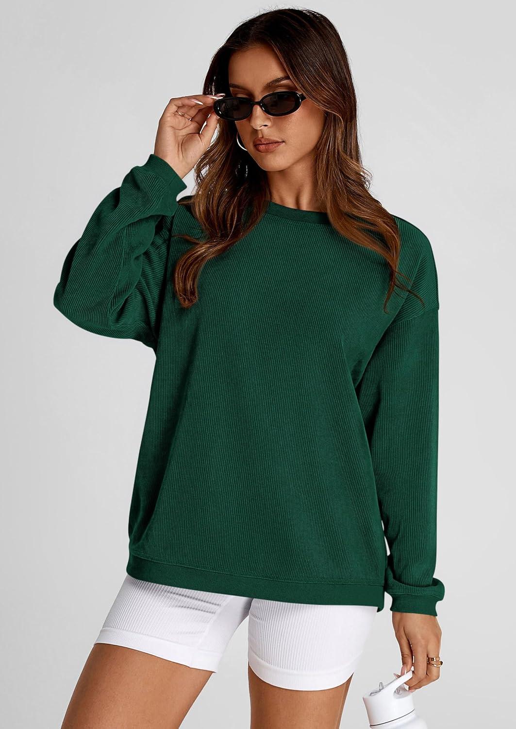 imagePRETTYGARDEN Womens Oversized Sweatshirt 2025 Fall Fashion Clothes Ribbed Corduroy Long Sleeve Going Out Pullover TopsDark Green
