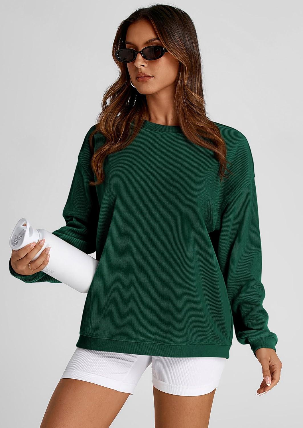 imagePRETTYGARDEN Womens Oversized Sweatshirt 2025 Fall Fashion Clothes Ribbed Corduroy Long Sleeve Going Out Pullover TopsDark Green