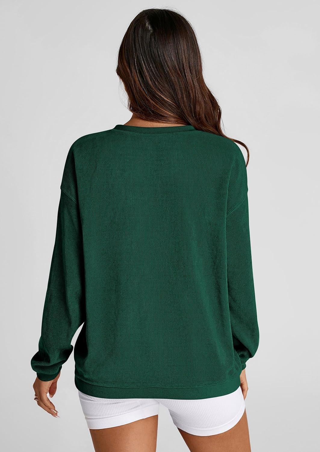 imagePRETTYGARDEN Womens Oversized Sweatshirt 2025 Fall Fashion Clothes Ribbed Corduroy Long Sleeve Going Out Pullover TopsDark Green