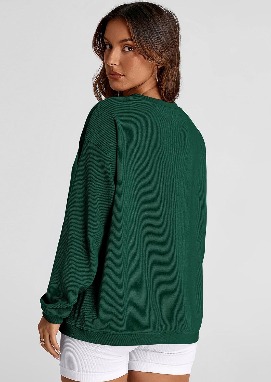 imagePRETTYGARDEN Womens Oversized Sweatshirt 2025 Fall Fashion Clothes Ribbed Corduroy Long Sleeve Going Out Pullover TopsDark Green