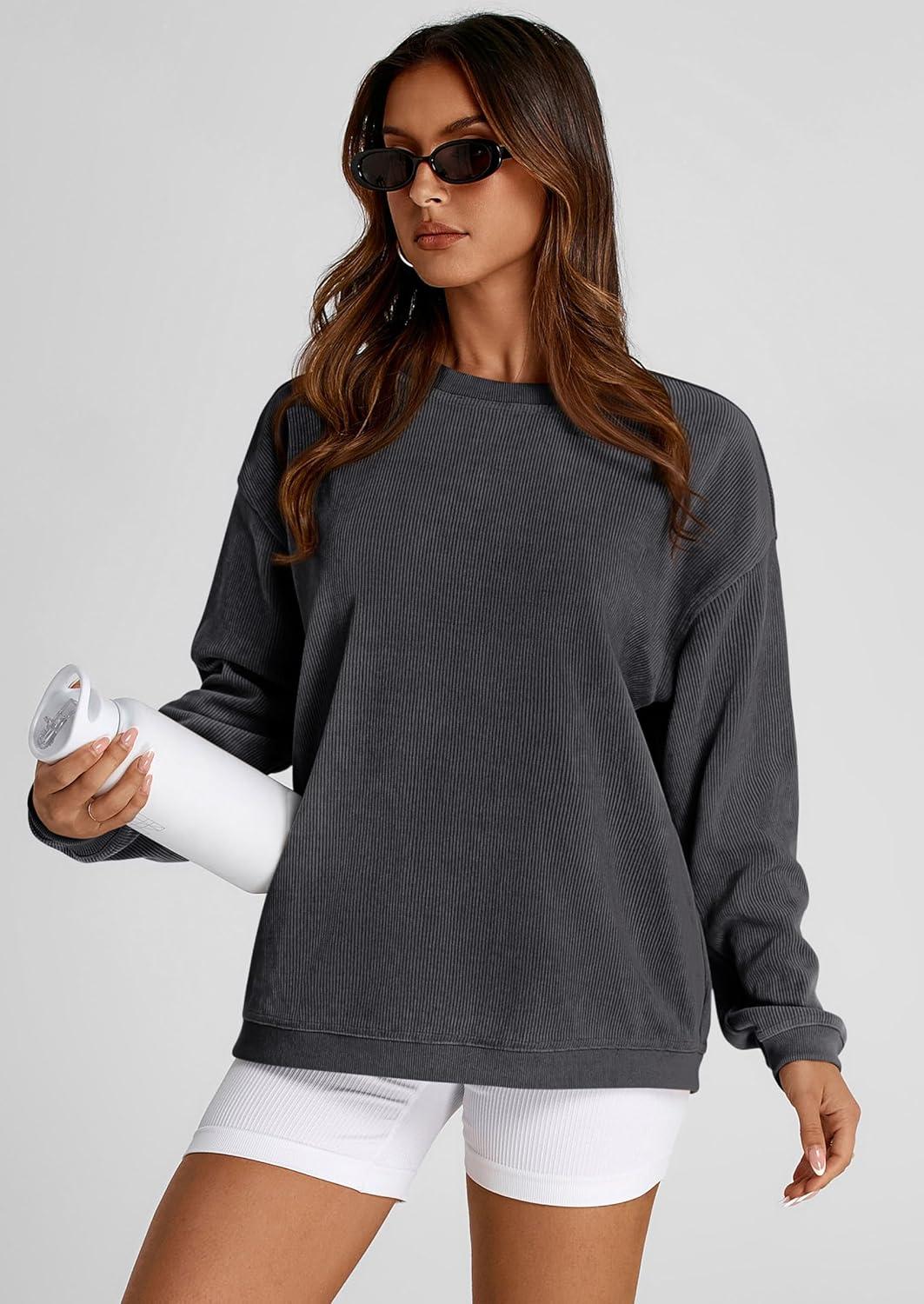 imagePRETTYGARDEN Womens Oversized Sweatshirt 2025 Fall Fashion Clothes Ribbed Corduroy Long Sleeve Going Out Pullover TopsDark Grey