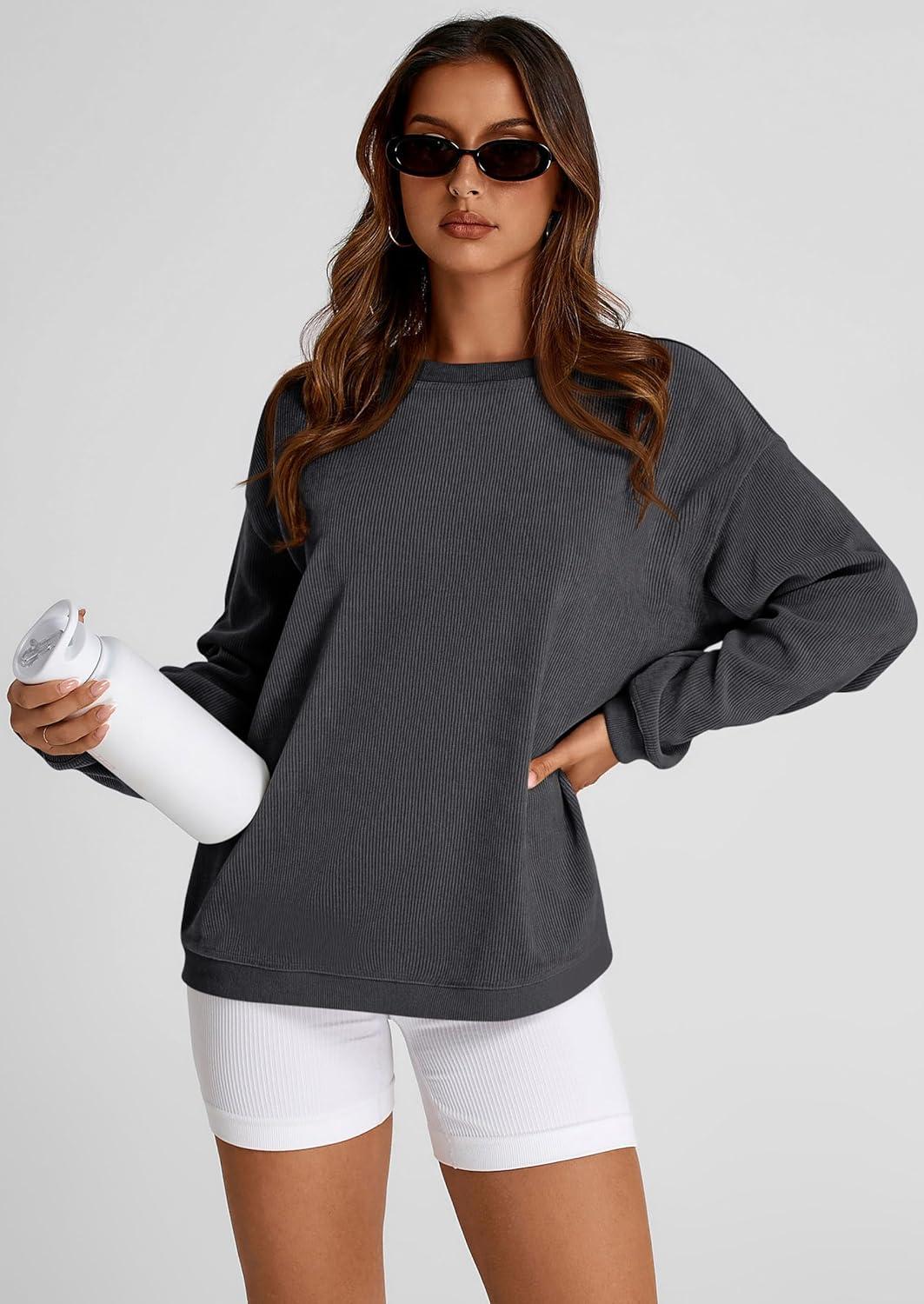 imagePRETTYGARDEN Womens Oversized Sweatshirt 2025 Fall Fashion Clothes Ribbed Corduroy Long Sleeve Going Out Pullover TopsDark Grey