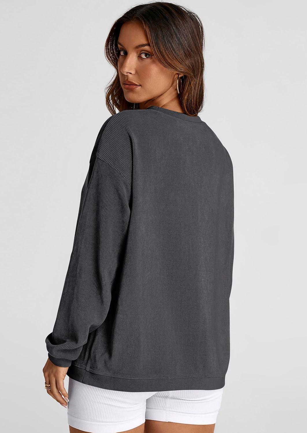 imagePRETTYGARDEN Womens Oversized Sweatshirt 2025 Fall Fashion Clothes Ribbed Corduroy Long Sleeve Going Out Pullover TopsDark Grey