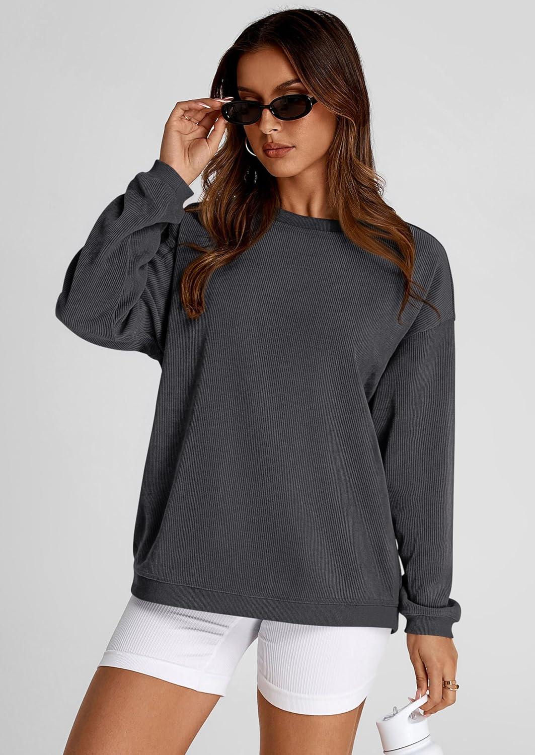 imagePRETTYGARDEN Womens Oversized Sweatshirt 2025 Fall Fashion Clothes Ribbed Corduroy Long Sleeve Going Out Pullover TopsDark Grey