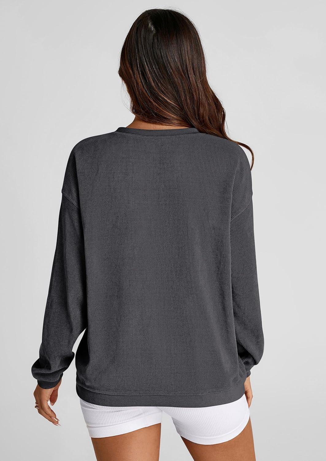 imagePRETTYGARDEN Womens Oversized Sweatshirt 2025 Fall Fashion Clothes Ribbed Corduroy Long Sleeve Going Out Pullover TopsDark Grey