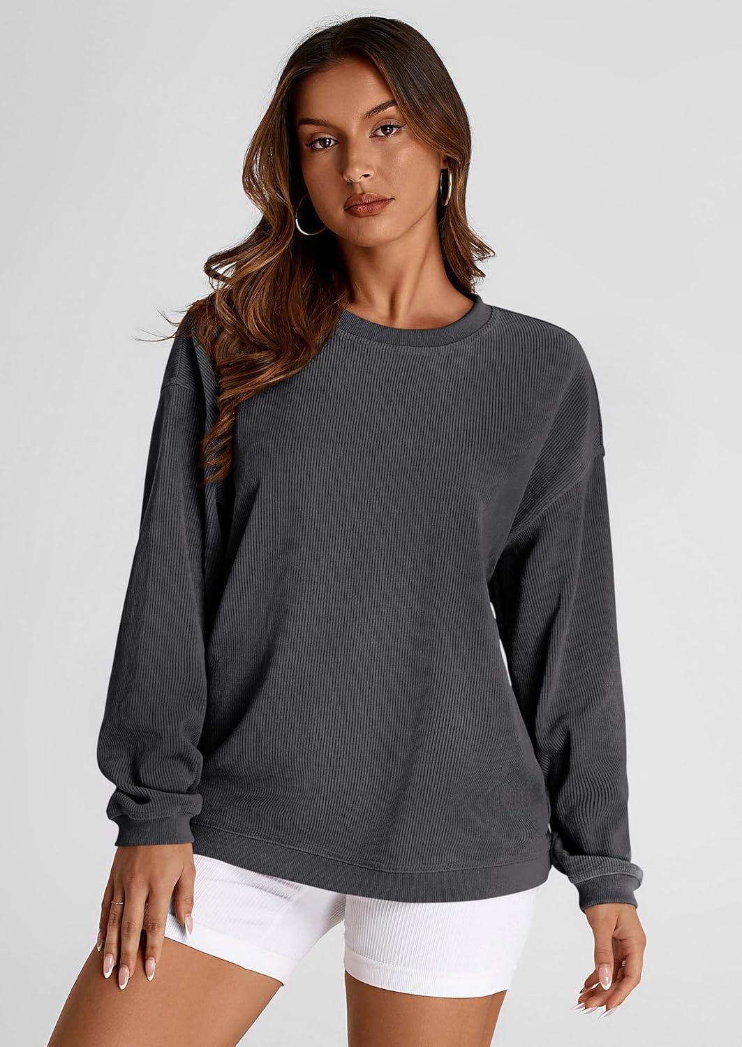 imagePRETTYGARDEN Womens Oversized Sweatshirt 2025 Fall Fashion Clothes Ribbed Corduroy Long Sleeve Going Out Pullover TopsDark Grey