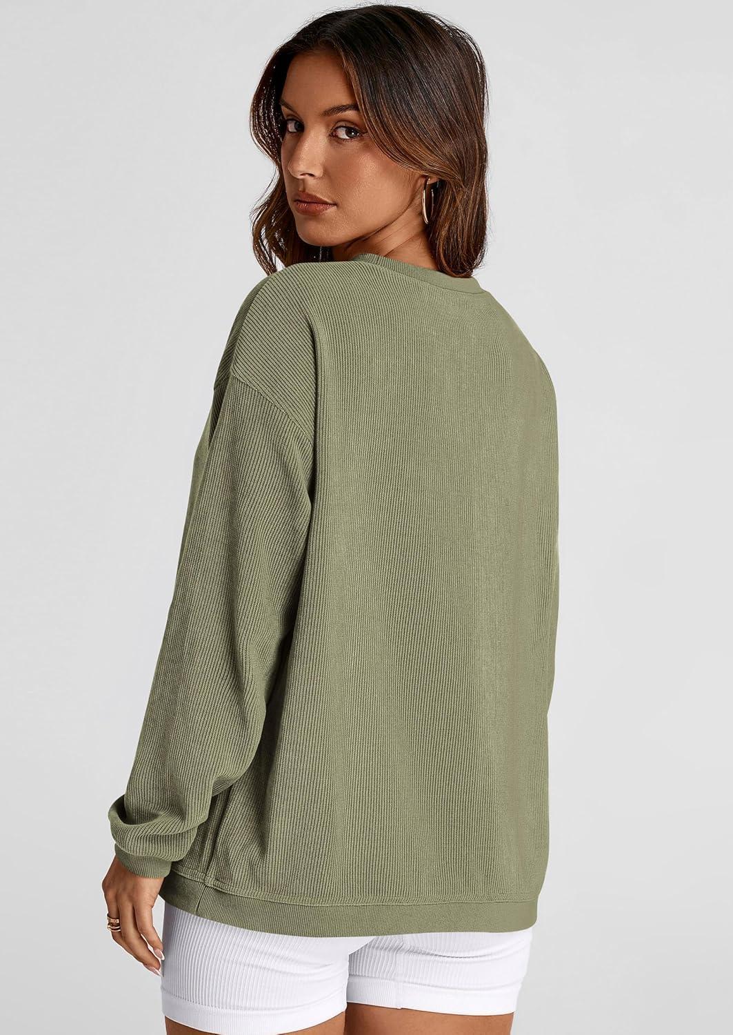imagePRETTYGARDEN Womens Oversized Sweatshirt 2025 Fall Fashion Clothes Ribbed Corduroy Long Sleeve Going Out Pullover TopsGreen