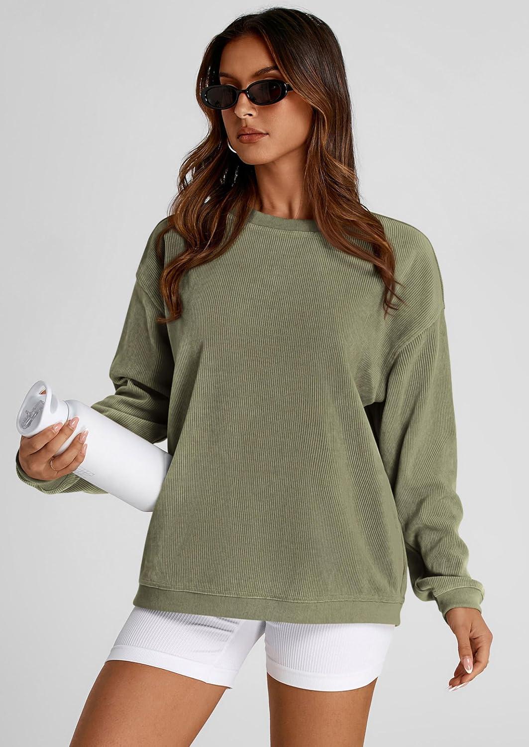 imagePRETTYGARDEN Womens Oversized Sweatshirt 2025 Fall Fashion Clothes Ribbed Corduroy Long Sleeve Going Out Pullover TopsGreen
