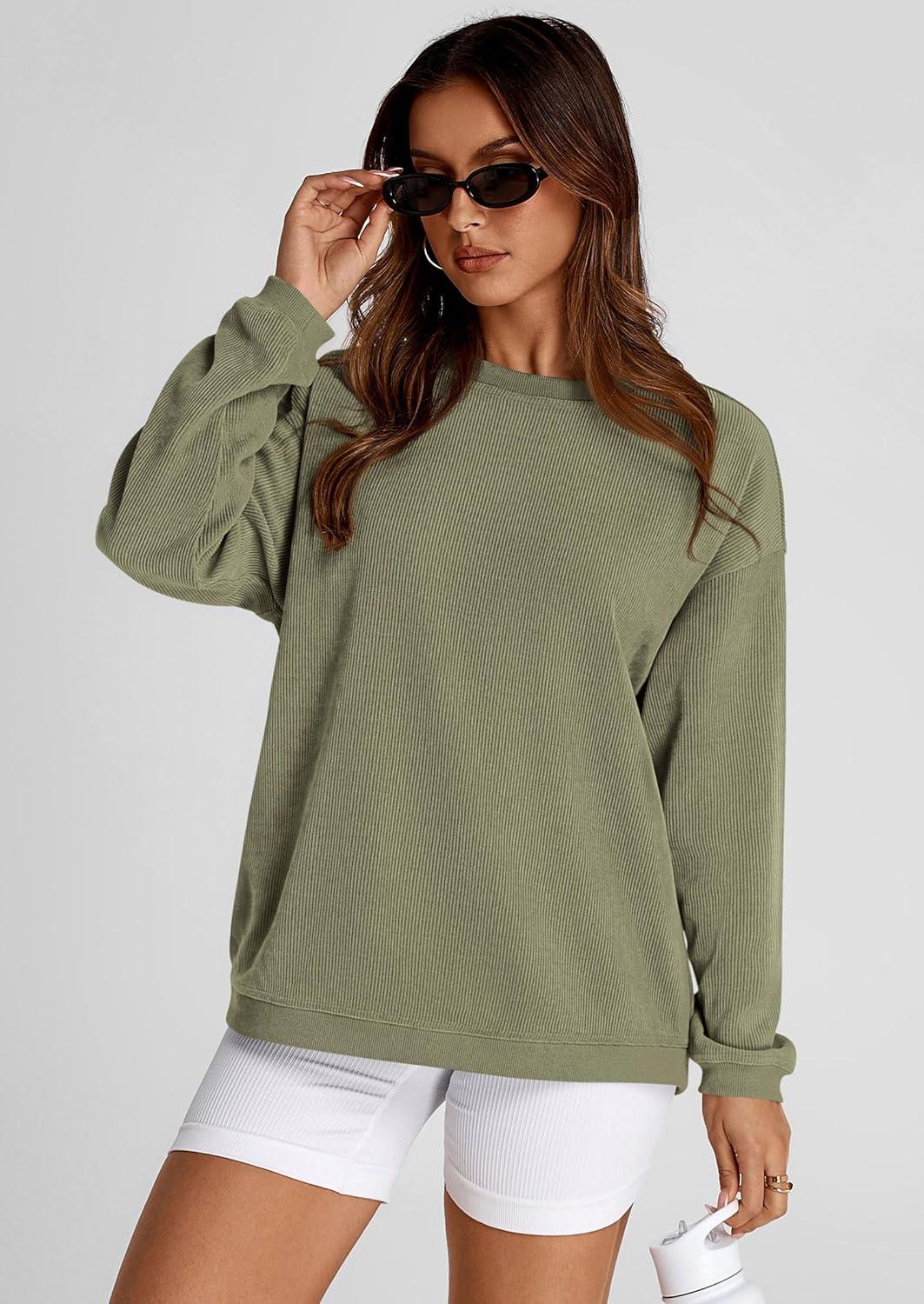 imagePRETTYGARDEN Womens Oversized Sweatshirt 2025 Fall Fashion Clothes Ribbed Corduroy Long Sleeve Going Out Pullover TopsGreen