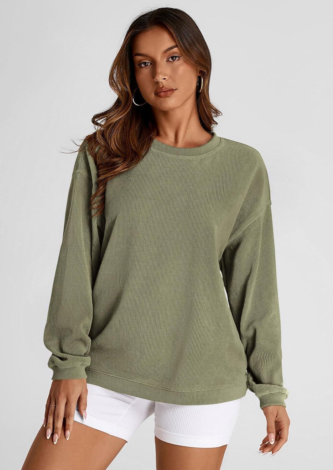 imagePRETTYGARDEN Womens Oversized Sweatshirt 2025 Fall Fashion Clothes Ribbed Corduroy Long Sleeve Going Out Pullover TopsGreen