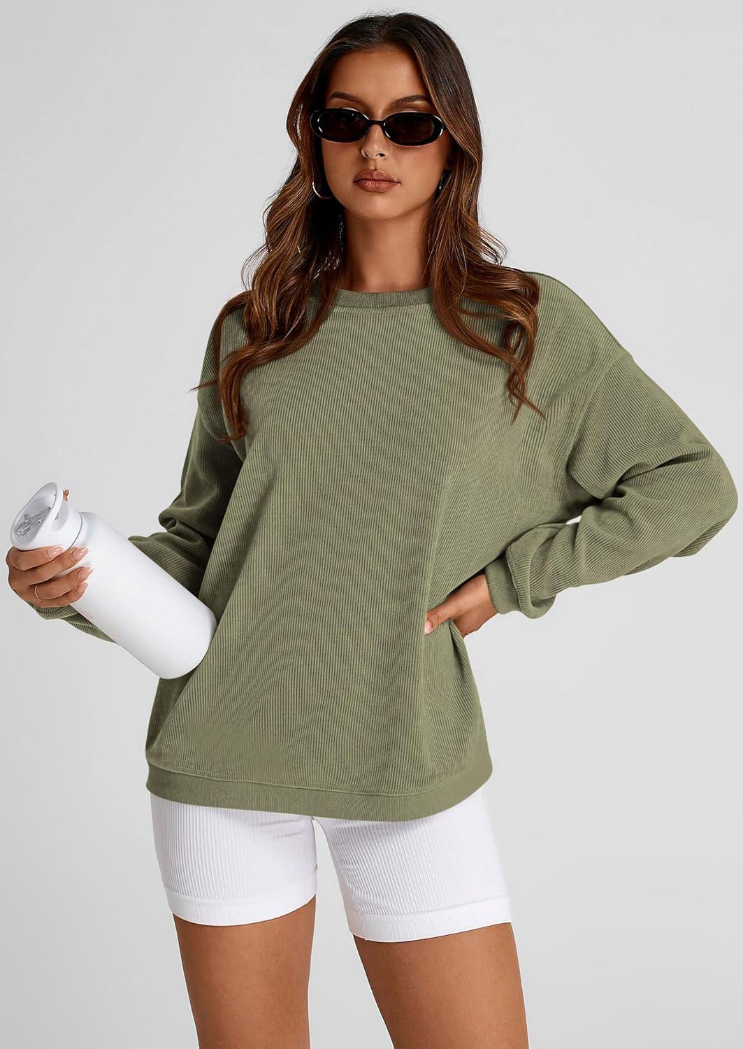 imagePRETTYGARDEN Womens Oversized Sweatshirt 2025 Fall Fashion Clothes Ribbed Corduroy Long Sleeve Going Out Pullover TopsGreen