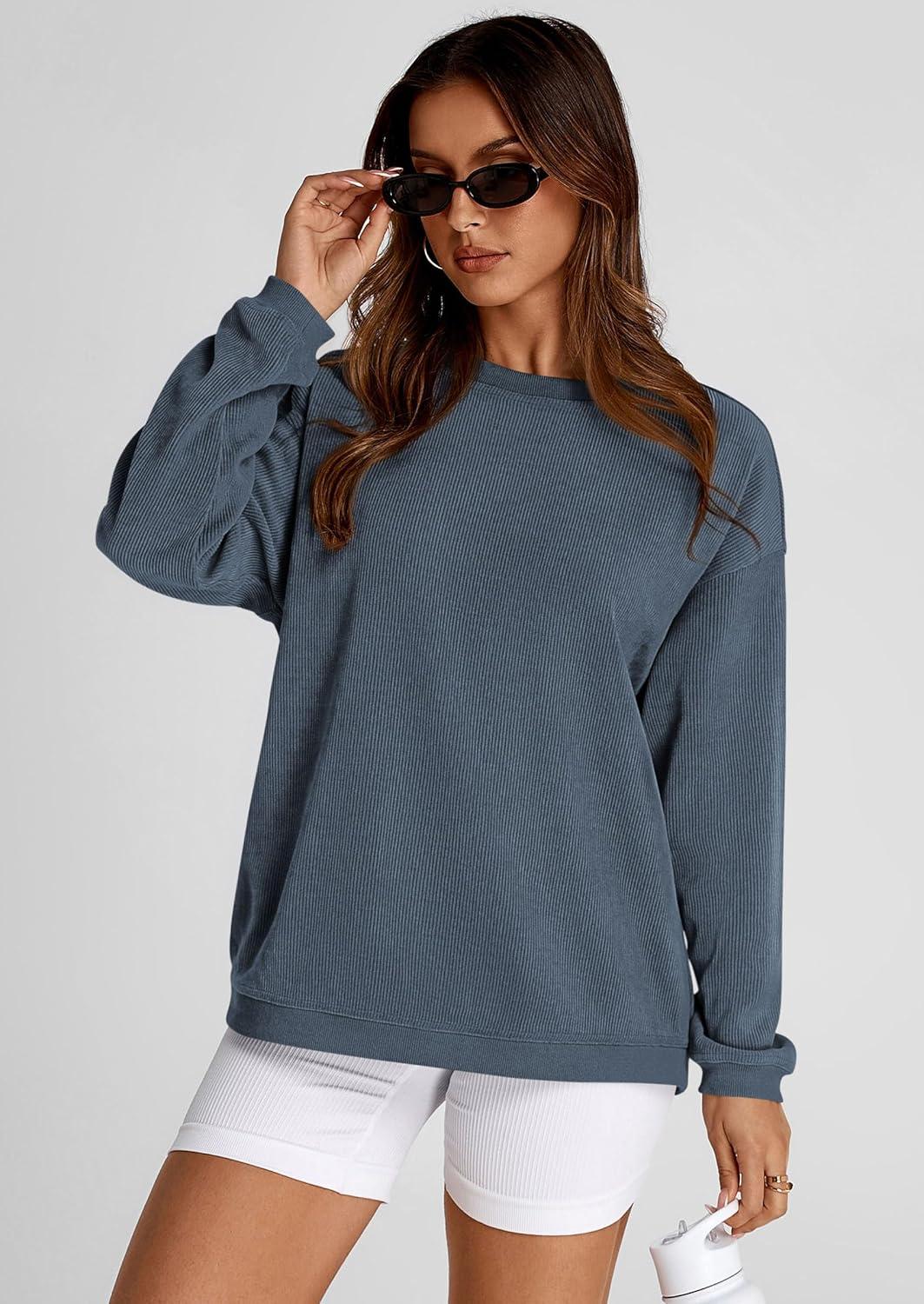 imagePRETTYGARDEN Womens Oversized Sweatshirt 2025 Fall Fashion Clothes Ribbed Corduroy Long Sleeve Going Out Pullover TopsGrey Blue