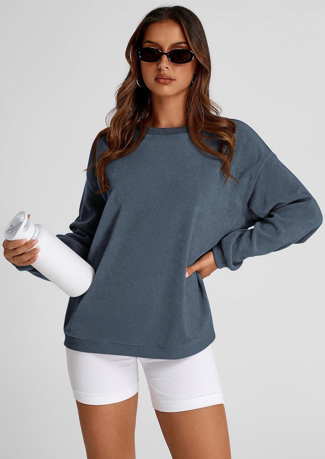 imagePRETTYGARDEN Womens Oversized Sweatshirt 2025 Fall Fashion Clothes Ribbed Corduroy Long Sleeve Going Out Pullover TopsGrey Blue