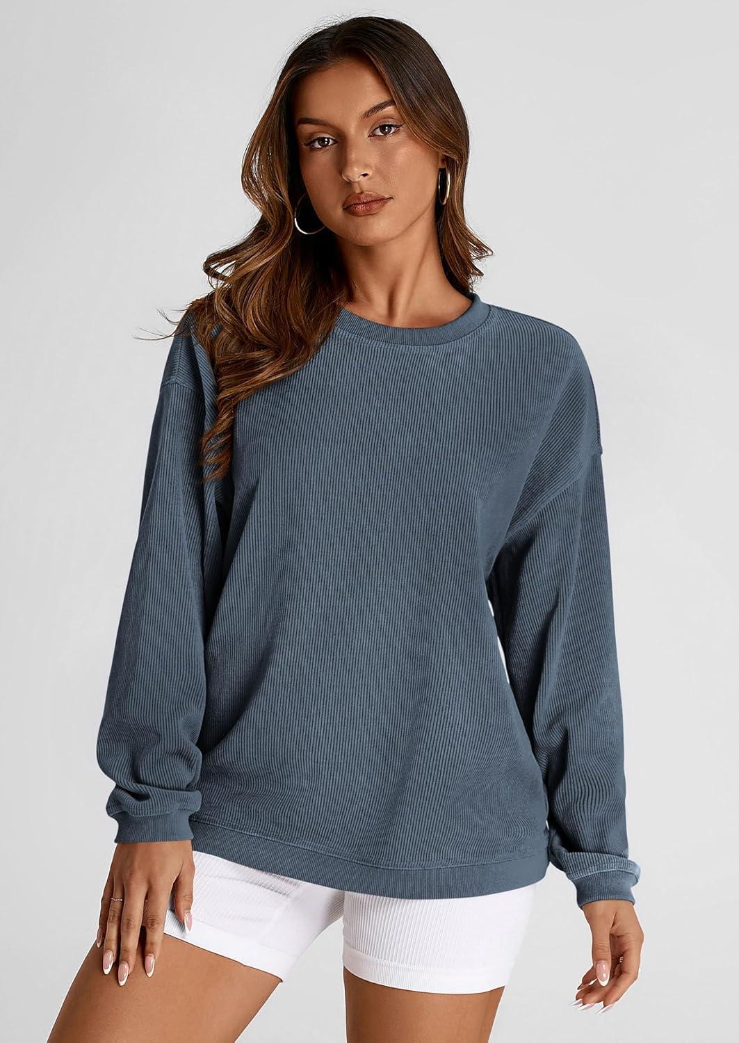 imagePRETTYGARDEN Womens Oversized Sweatshirt 2025 Fall Fashion Clothes Ribbed Corduroy Long Sleeve Going Out Pullover TopsGrey Blue