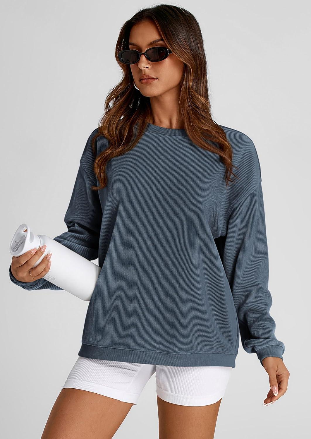 imagePRETTYGARDEN Womens Oversized Sweatshirt 2025 Fall Fashion Clothes Ribbed Corduroy Long Sleeve Going Out Pullover TopsGrey Blue