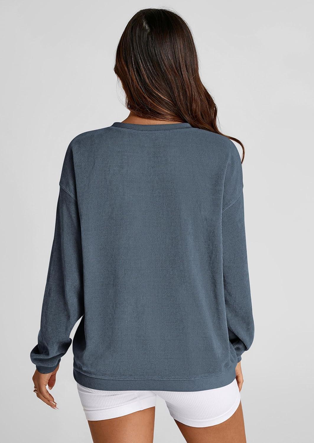imagePRETTYGARDEN Womens Oversized Sweatshirt 2025 Fall Fashion Clothes Ribbed Corduroy Long Sleeve Going Out Pullover TopsGrey Blue
