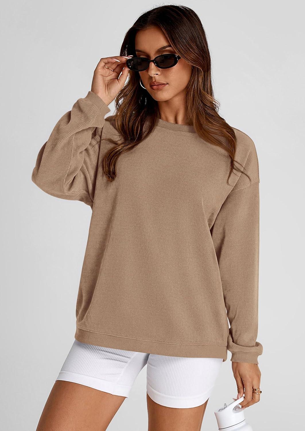 imagePRETTYGARDEN Womens Oversized Sweatshirt 2025 Fall Fashion Clothes Ribbed Corduroy Long Sleeve Going Out Pullover TopsKhaki