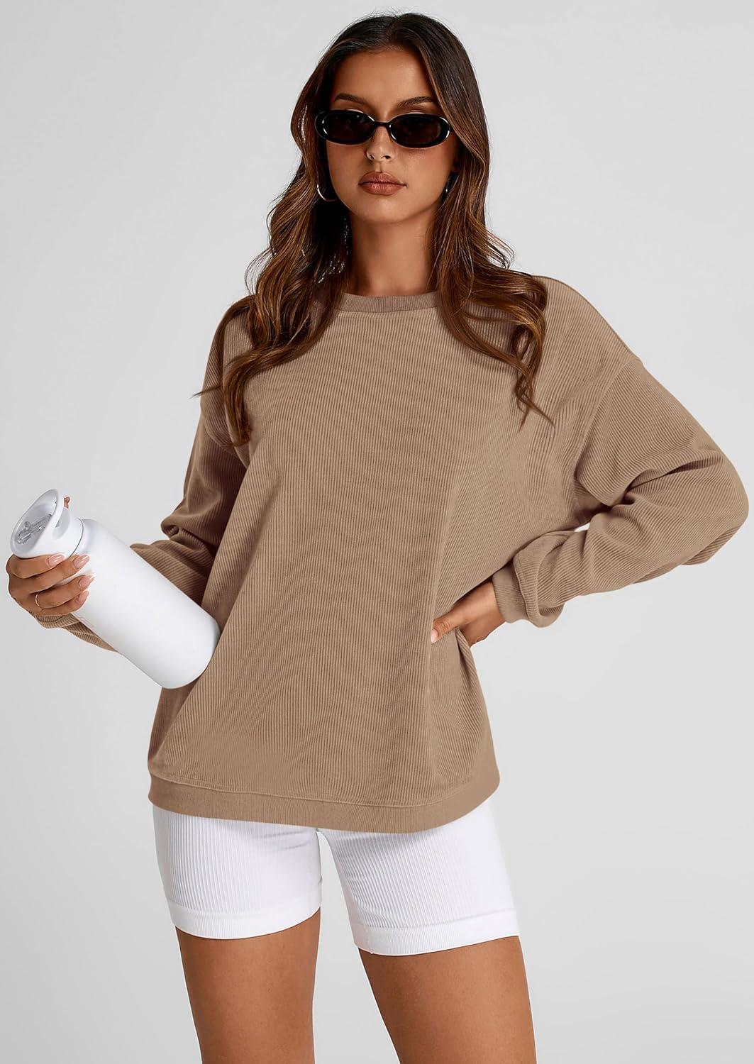 imagePRETTYGARDEN Womens Oversized Sweatshirt 2025 Fall Fashion Clothes Ribbed Corduroy Long Sleeve Going Out Pullover TopsKhaki
