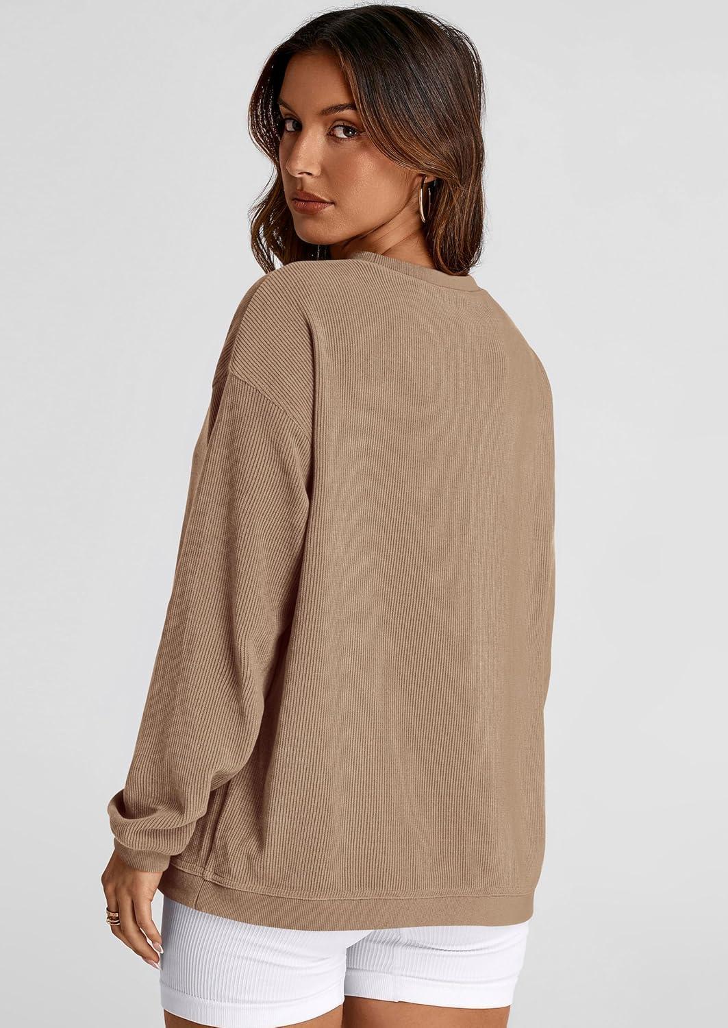 imagePRETTYGARDEN Womens Oversized Sweatshirt 2025 Fall Fashion Clothes Ribbed Corduroy Long Sleeve Going Out Pullover TopsKhaki