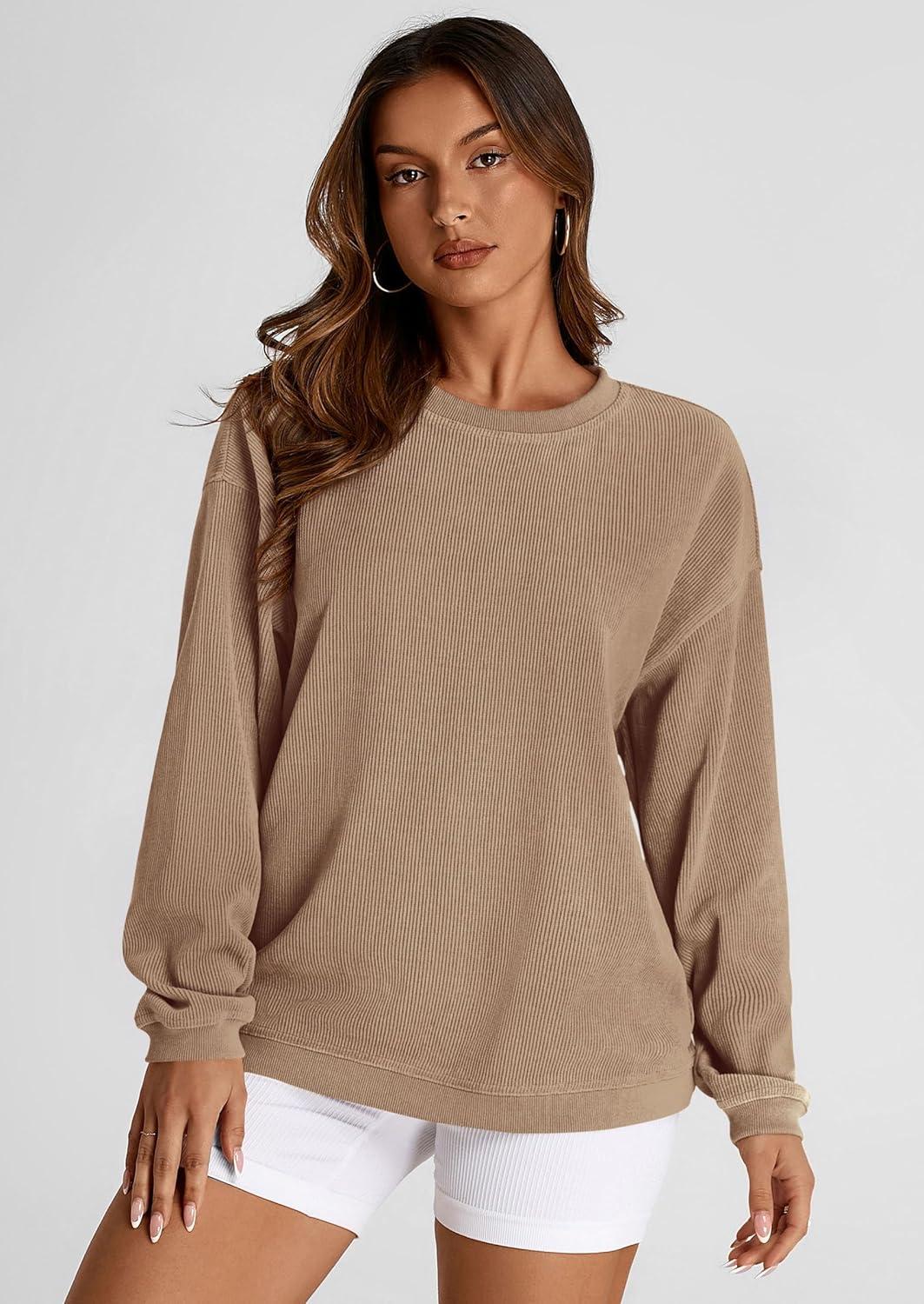 imagePRETTYGARDEN Womens Oversized Sweatshirt 2025 Fall Fashion Clothes Ribbed Corduroy Long Sleeve Going Out Pullover TopsKhaki