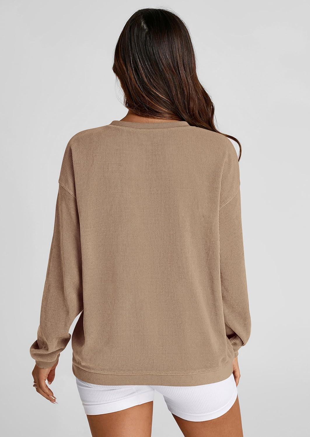 imagePRETTYGARDEN Womens Oversized Sweatshirt 2025 Fall Fashion Clothes Ribbed Corduroy Long Sleeve Going Out Pullover TopsKhaki