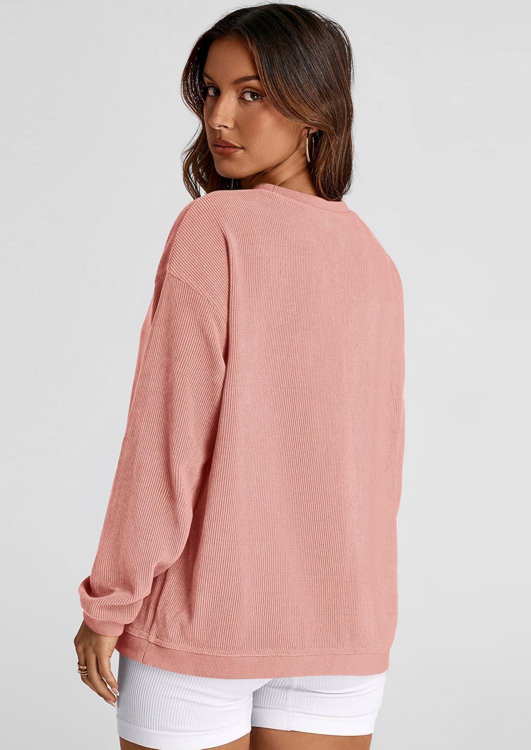 imagePRETTYGARDEN Womens Oversized Sweatshirt 2025 Fall Fashion Clothes Ribbed Corduroy Long Sleeve Going Out Pullover TopsPink